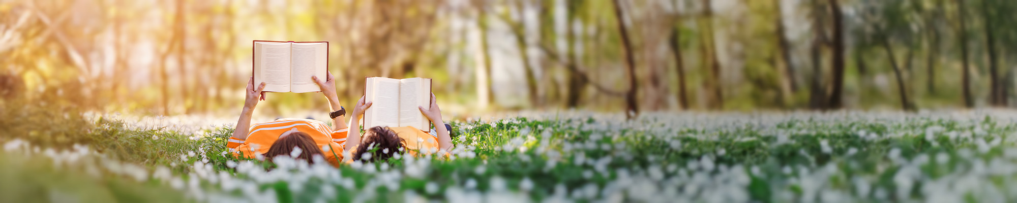 Zwei Menschen liegen auf einer Blumenwiese und lesen in aufgeschlagenen Büchern
